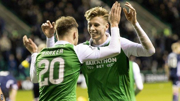 Hibernian's Brandon Barker and Oli Shaw celebrate the winning goal against Ross County