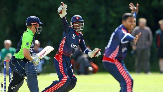 Ireland opener William Porterfield is dismissed by USA spinner Timil Patel in the World Twenty20 qualifier in Belfast in 2015