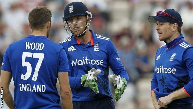 Mark Wood, Jos Buttler and Eoin Morgan