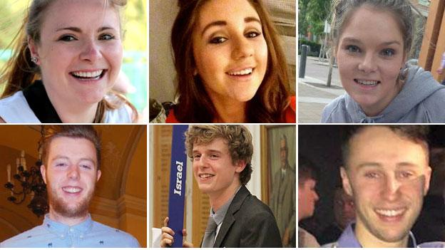 The victims: Top row from left - Ashley Donohoe, Eimear Walsh, Olivia Burke. Bottom row from left: Eoghan Culligan, Lorcan Miller, Niccolai Schuster