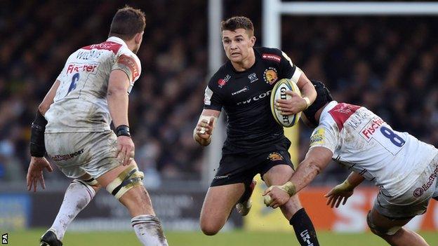 Exeter's Henry Slade and Leicester's Sione Kalamafoni