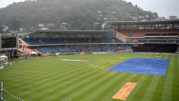 General view of the Grenada National Stadium with covers on due to rain