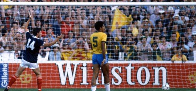 Dave Narey (left) scoring against Brazil in the 1982 World Cup