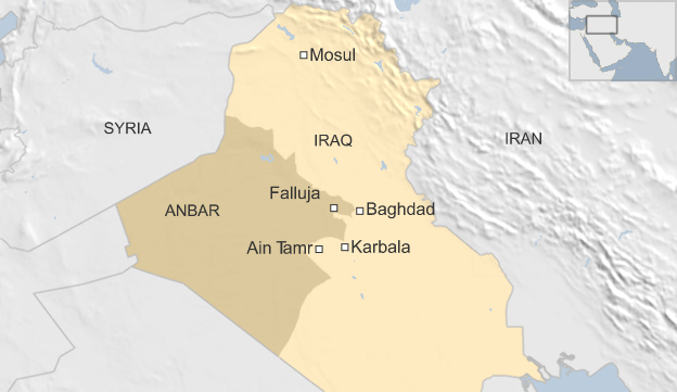 Map of Iraq showing Baghdad, Ain Tamr and Falluja