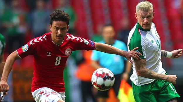 James McClean battles with Denmark's Thomas Delaney during the Euro 2020 qualifier in Copenhagen in June