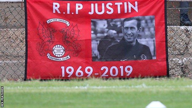 A banner in memory of Justin Edinburgh at Leyton Orient's Breyer Group Stadium