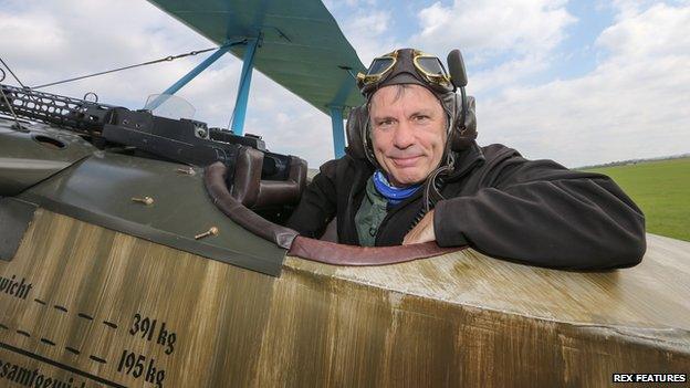 Bruce Dickinson in a World War 1 biplane