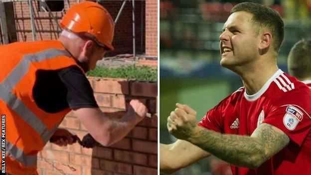 Billy Kee (left) working on a building site in 2020 and (right) scoring for Accrington Stanley in 2017