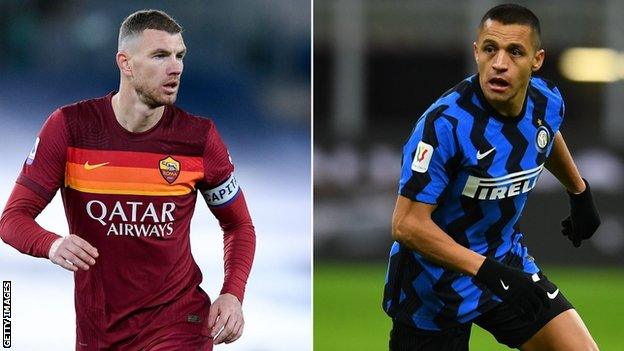 Roma's Edin Dzeko and Alexis Sanchez of Inter Milan