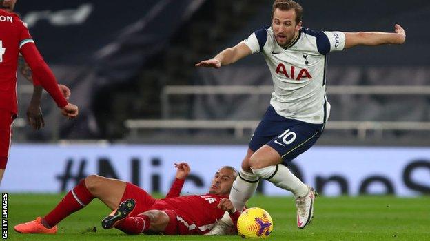 Tottenham boss Jose Mourinho was unhappy after Spurs striker Harry Kane was injured in this challenge by Thiago on 28 January