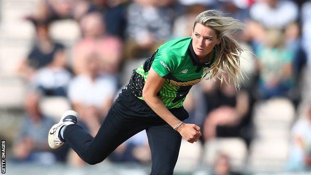 Southern Brave pace bowler Lauren Bell bowls during The Hundred