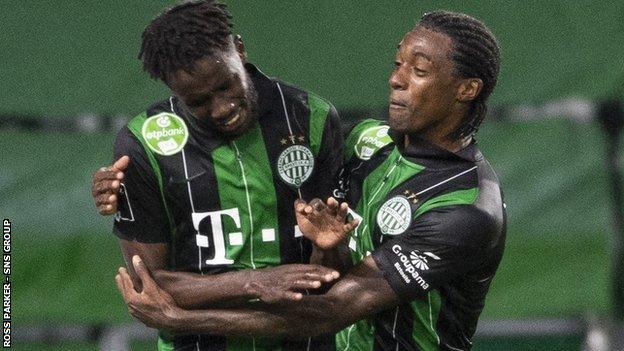 Ferencvaros' Tokmac Nguen (left) celebrates his goal