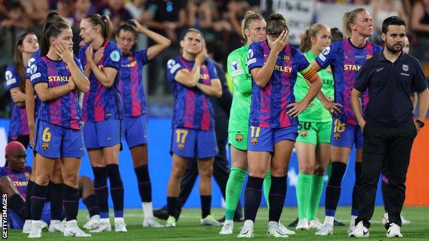 Barcelona players after full-time in Turin