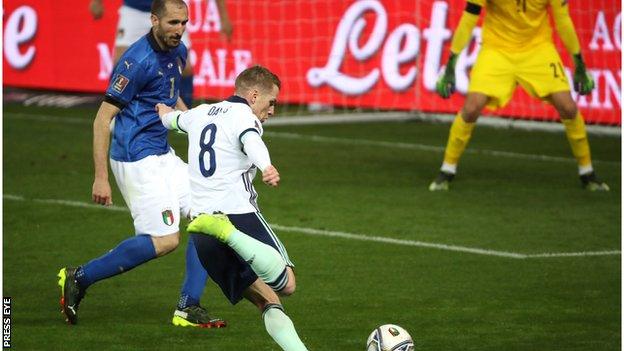 Steven Davis shoots towards goal against Italy