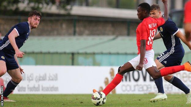 Edward Nketiah scores his second goal for England against Scotland