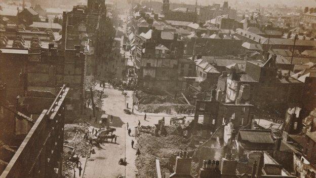 An aerial view of Dublin's Henry St, looking westward from Nelson's Pillar