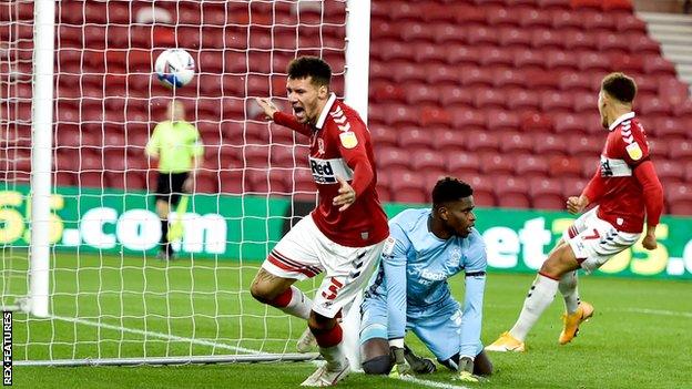 Marvin Johnson of Middlesbrough scores the opening goal against Nottingham Forest