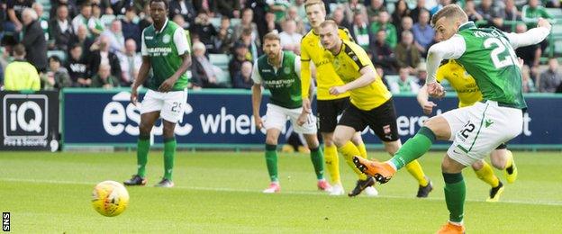 Hibernian's Florian Kamberi opens the scoring from the penalty spot