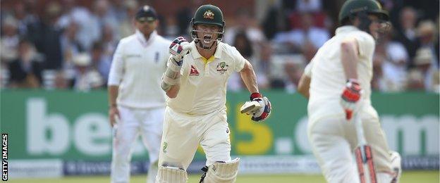 Australia's Chris Rogers celebrates a hundred at Lord's