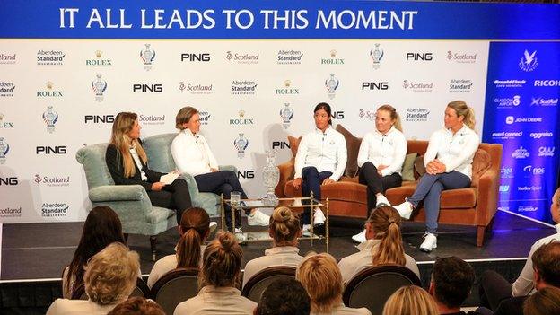 Catriona Matthew of Scotland (second from left) announces her wildcard picks (L-R seated on the right) Celine Boutier of France, Bronte Law of England, and Suzann Pettersen of Norway