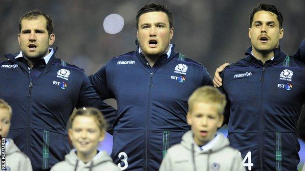 Scotland's Fraser Brown, Zander Fagerson and Sean Maitland