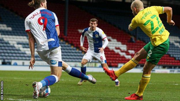 Norwich City striker Teemu Pukki scores his first goal against Blackburn