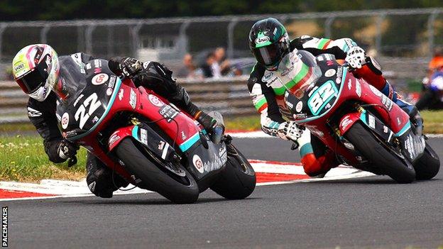 Eunan McGlinchey leads McAdoo Racing Kawasaki team-mate Derek Sheils at Bishopscourt on Saturday