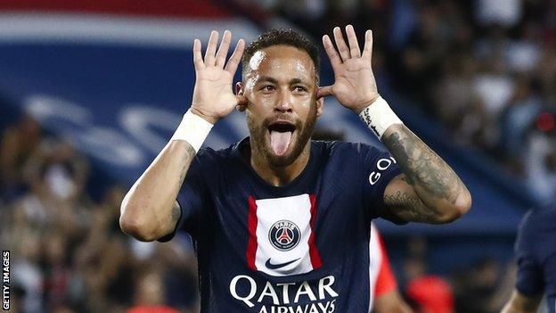 Neymar celebrates scoring against Montpellier