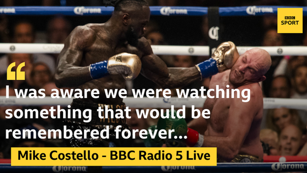 Image of a quote from BBC boxing commentator Mike Costello: "I was aware we were watching something that would be remembered forever."