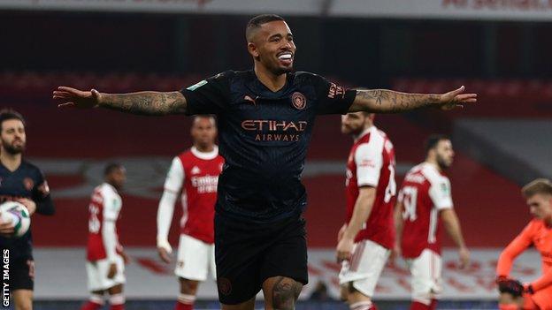 Gabriel Jesus scored his first goal since 8 November when he put City in front against Arsenal in the Carabao Cup last eight on Tuesday