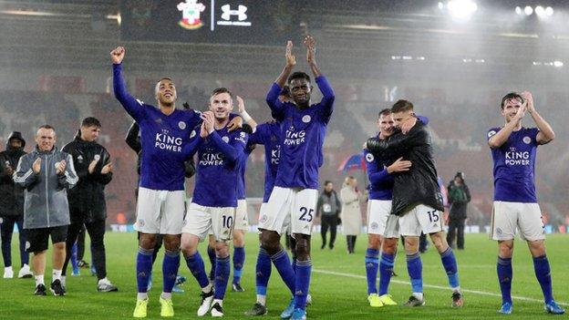 Leicester players celebrate after their record-equalling 9-0 win at Southampton