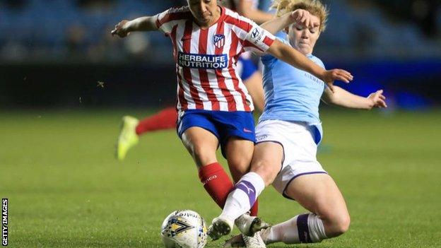 Aoife Mannion (right) injured her ACL playing for Manchester City against Atletico Madrid in the Champions League