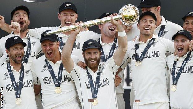 Kane Williamson holds the Test mace after New Zealand won World Test Championship