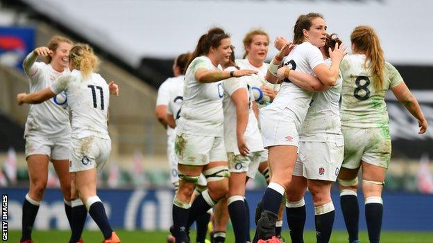 England's women celebrate at Twickenham