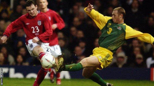 Wayne Rooney playing for England against Australia in 2003