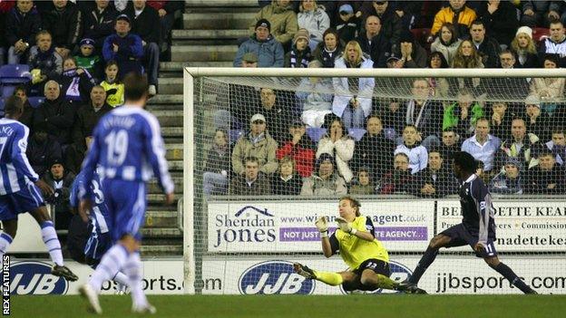 Jason Roberts scores for Wigan against Bolton.