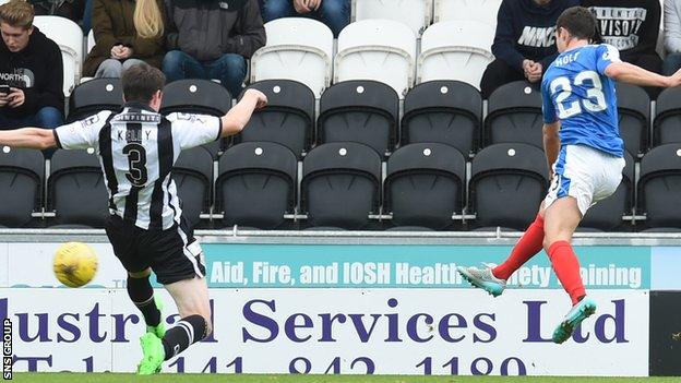 Jason Holt hammers in a first-half shot from a tight angle