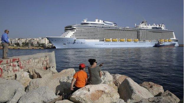 Quantum of the Seas cruise ship docked at the port of Piraeus near Athens