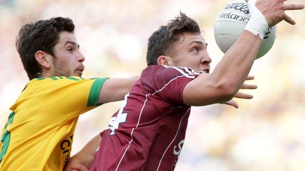 Donegal's Ryan McHugh battles with Galway's Damien Comer at Croke Park