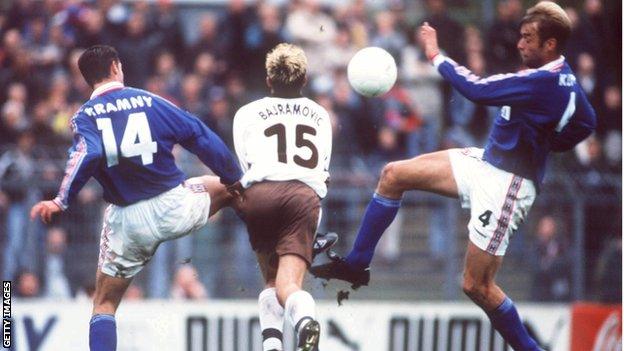 Klopp challenges for the ball playing for Mainz against St Pauli in October 1999