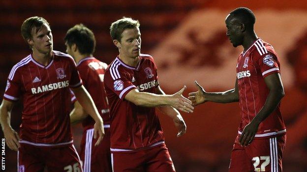 Middlesbrough celebrate Albert Adomah's goal