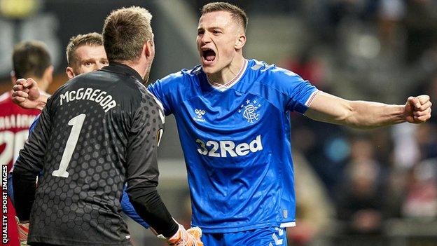 Rangers' Allan McGregor and George Edmundson celebrate against Braga