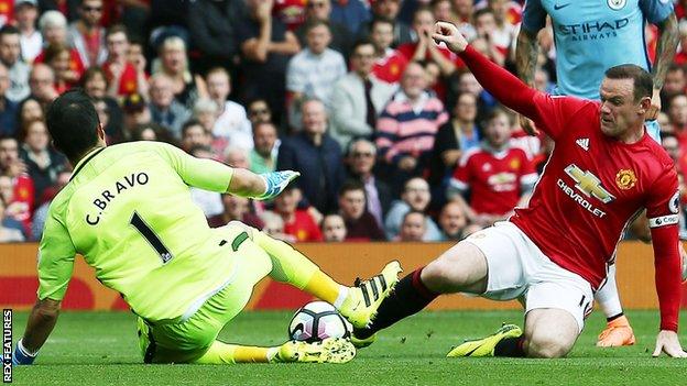 Manchester City keeper Claudio Bravo (left) and Manchester United forward Wayne Rooney