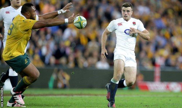 George Ford kicks through for Jack Nowell to score