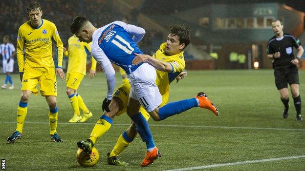 St Johnstone defender Aaron Comrie conceded a penalty for a foul on Kilmarnock's Jordan Jones