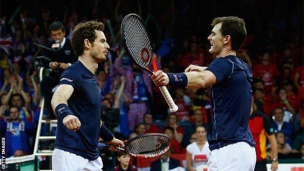 Andy and Jamie Murray celebrate winning the Davis Cup for Britain