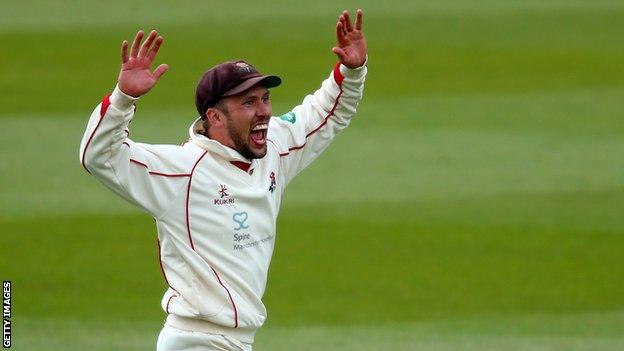 Lancashire spinner Simon Kerrigan celebrates a wicket