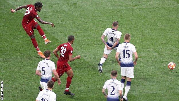 Divock Origi scores Liverpool's second goal in their 2-0 win over Tottenham in the 2019 Champions League final