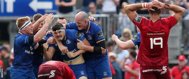 Leinster celebrate the win which sets up a final meeting with Pro14 holders Scarlets