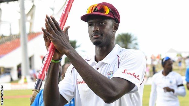 Jason Holder celebrates West Indies' series win in Antigua